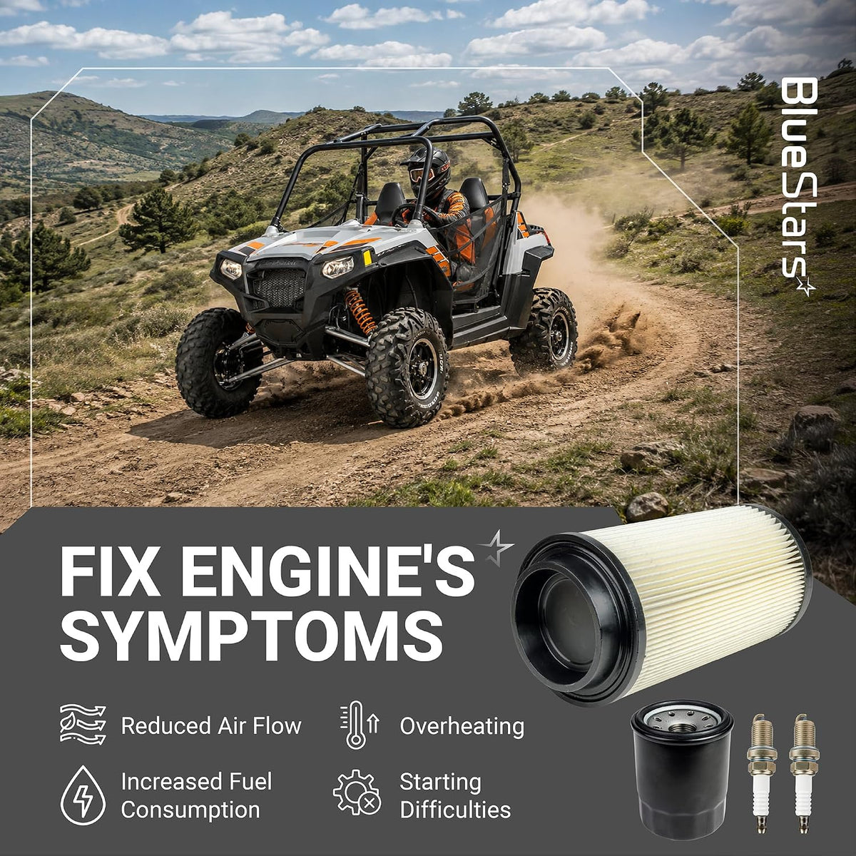 Air Filter Oil Filter Kit for Polaris RZR Ranger 800 showing a RZR, air filter, oil filter, and spark plugs