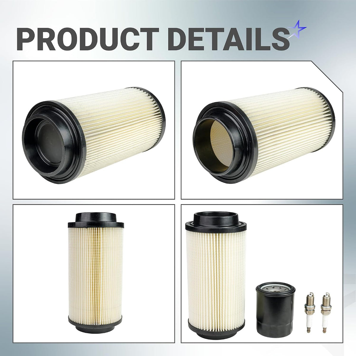 Air Filter Oil Filter Kit, product details showing air filters, oil filter, and two spark plugs