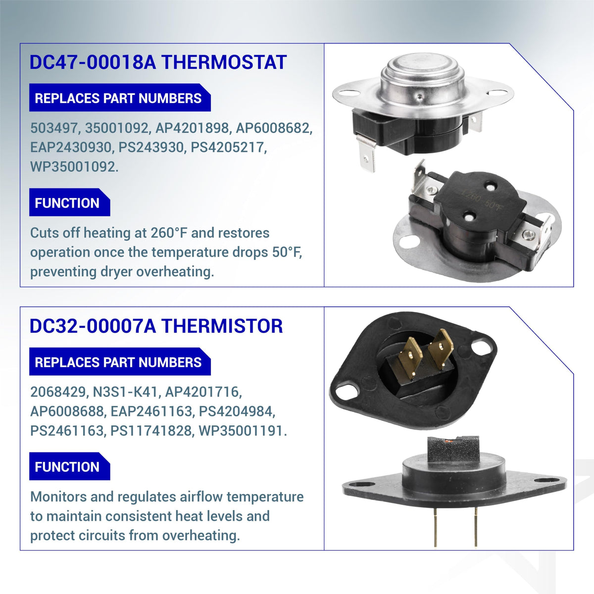 DC47-00018A dryer thermostat and DC32-00007A thermistor replacement parts for Samsung dryers.