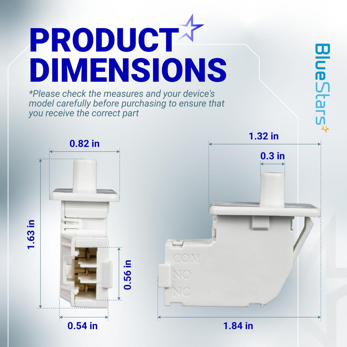 Dimensional diagram showing the WE04X28977 dryer door switch with measurements in inches.