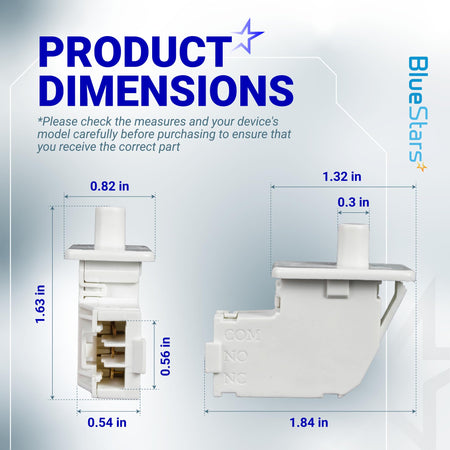 Dimensional diagram showing the WE04X28977 dryer door switch with measurements in inches.