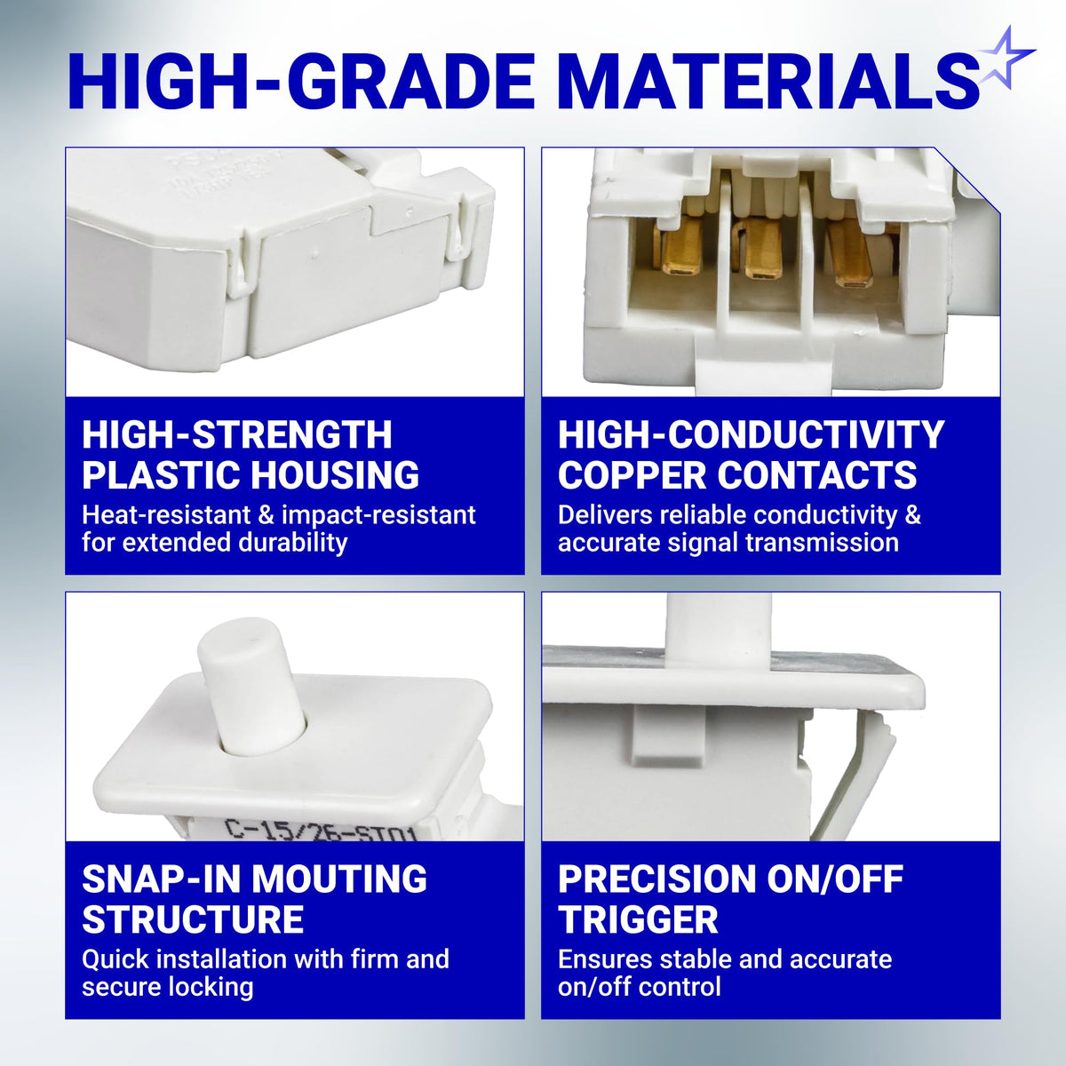 Infographic showing high-grade material features of the WE04X28977 dryer door switch, including housing and contacts.