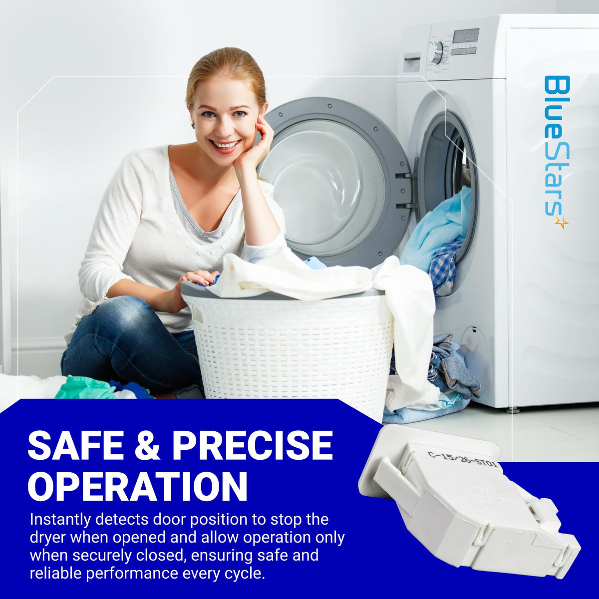 WE04X28977 dryer door switch replacement part shown with informational graphic for GE and Hotpoint dryers.