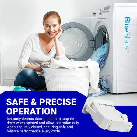 WE04X28977 dryer door switch replacement part shown with informational graphic for GE and Hotpoint dryers.