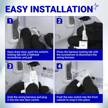 Four-step installation guide for WE04X28977 dryer door switch showing removal and replacement process.