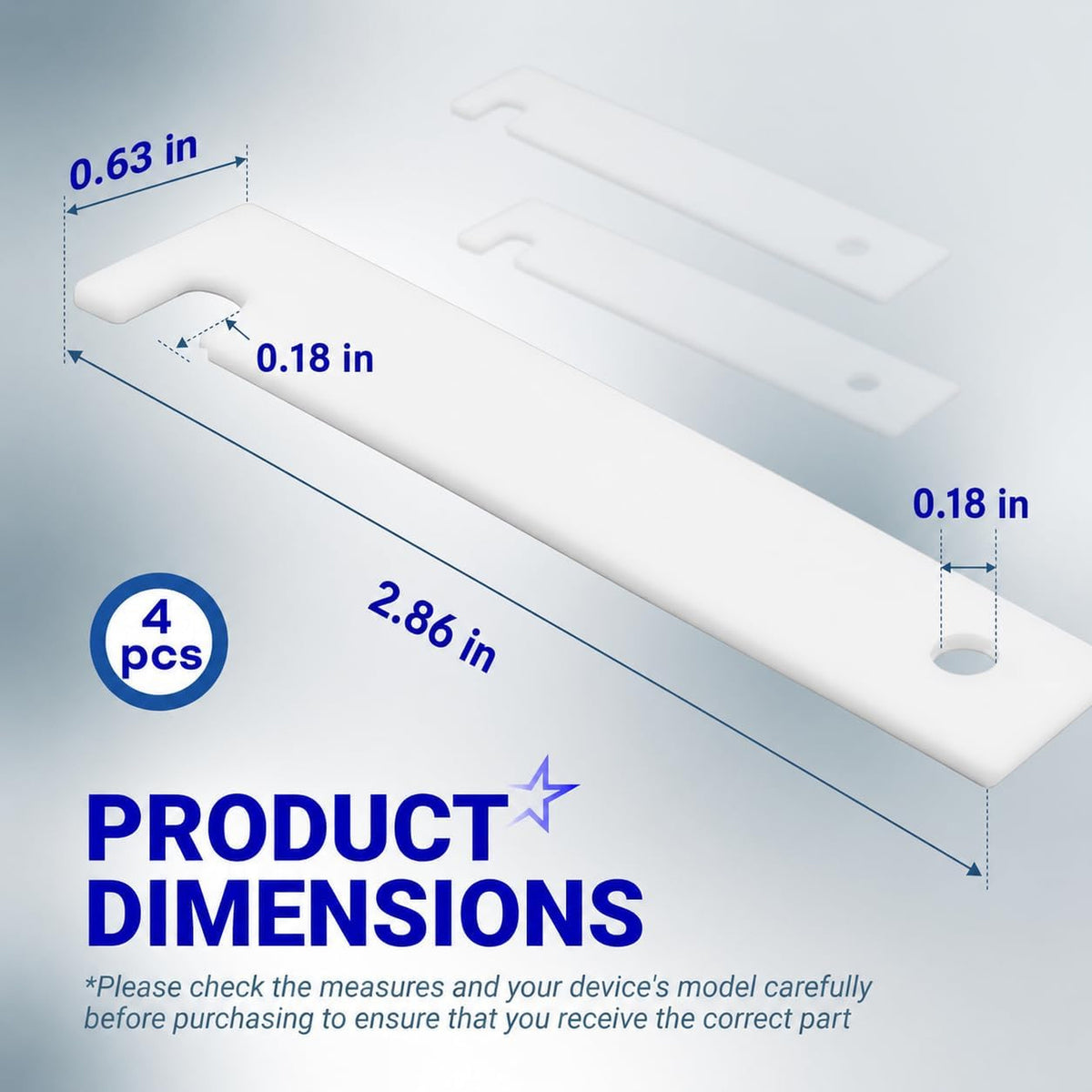 WE03X37319 Dryer Front Glide Bearing Kit dimensions diagram showing 4 pieces with 2.86, 0.63, and 0.18 in labels