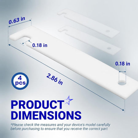 WE03X37319 Dryer Front Glide Bearing Kit dimensions diagram showing 4 pieces with 2.86, 0.63, and 0.18 in labels