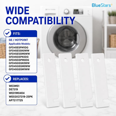 WE03X37319 Dryer Front Glide Bearing Kit, four white glides shown with compatibility and replacement listings