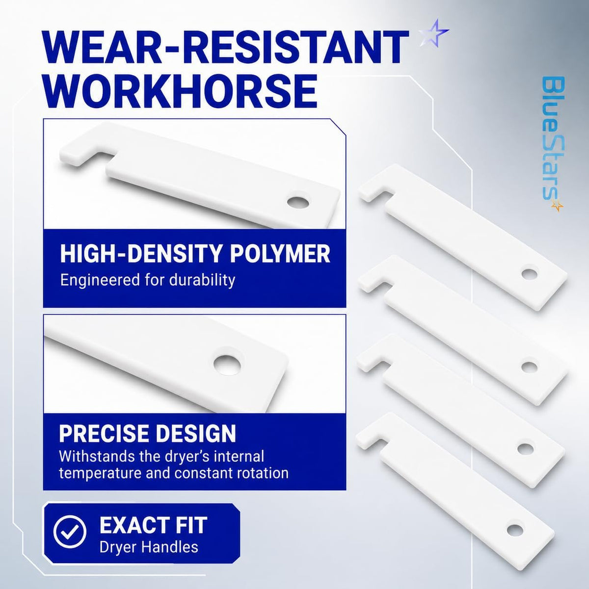 WE03X37319 Clothes Dryer Tumbler Front Glide Bearing Kit, four white glide strips shown with durability and exact-fit callout