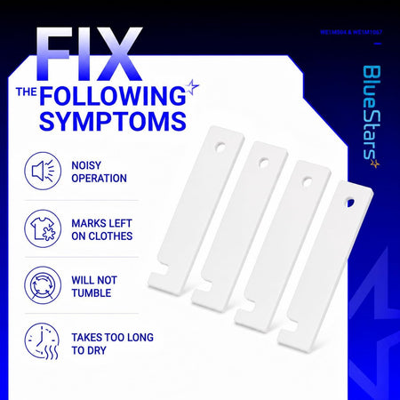 WE03X37319 Dryer Front Glide Bearing Kit, graphic showing four white glides and listed dryer symptoms