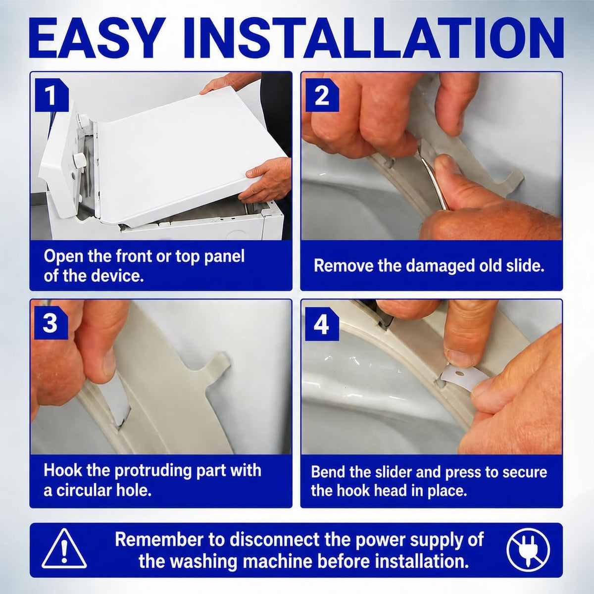WE03X37319 Dryer Front Glide Bearing Kit easy installation steps showing panel removal and glide replacement