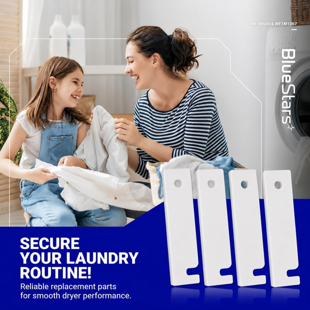 WE03X37319 Clothes Dryer Tumbler Front Glide Bearing Kit graphic showing four white glides and a family doing laundry