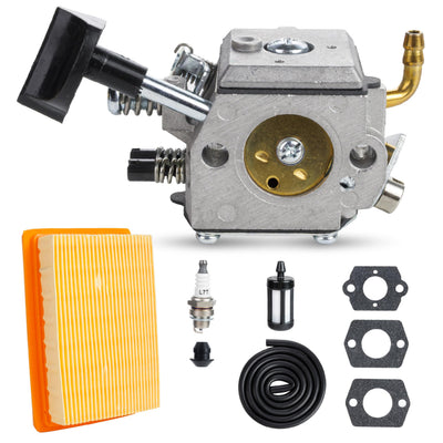 Carburetor repair kit for Stihl backpack blowers including carburetor, air filter, spark plug, fuel line, and gaskets.
