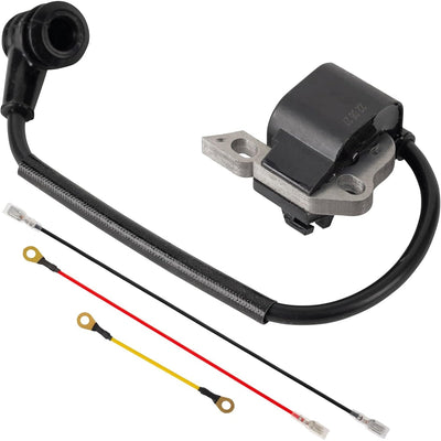 Ignition coil for Stihl chainsaws with attached spark plug wire and two separate electrical lead wires.