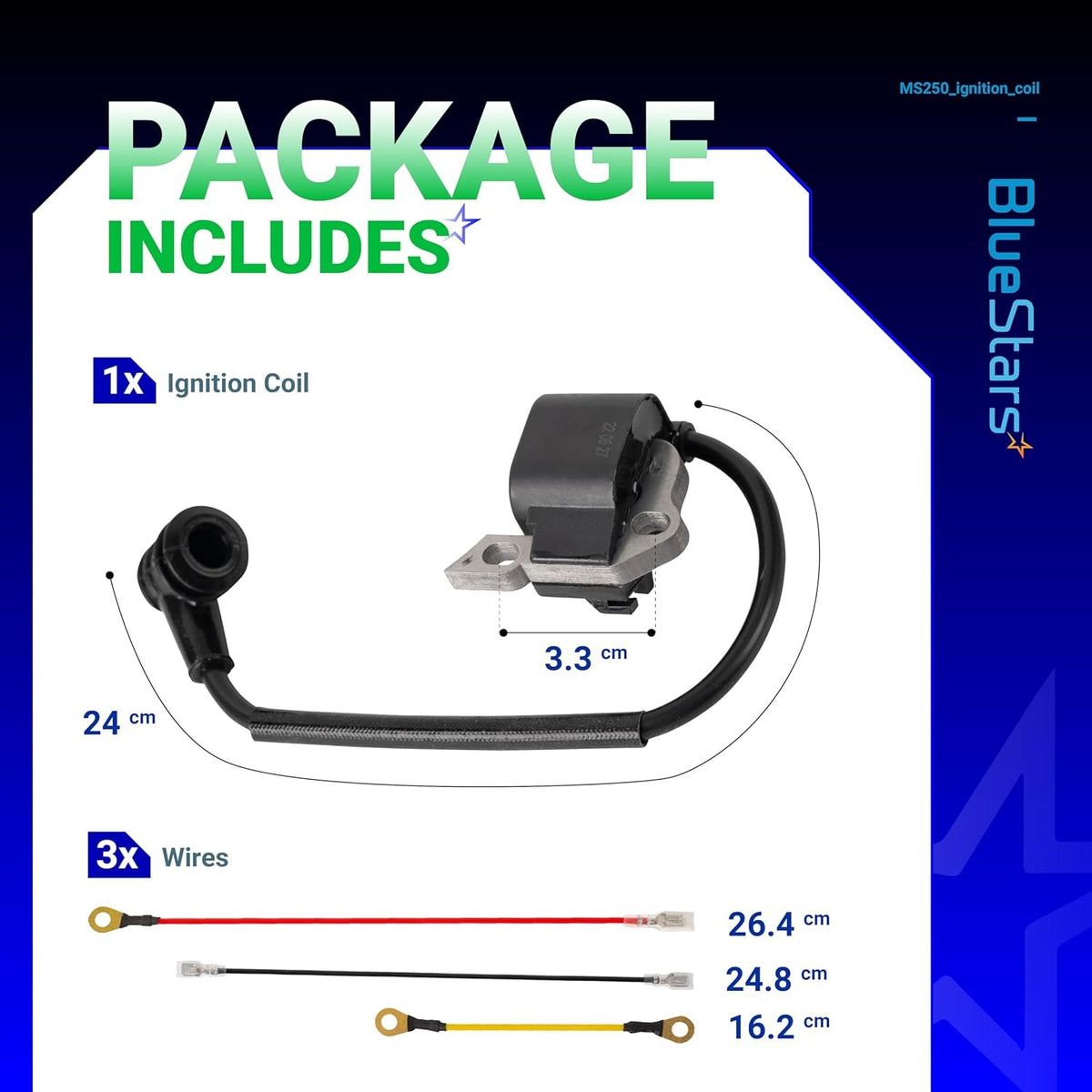 Ignition coil and three wires for Stihl MS250, MS210, and MS230 chainsaws with labeled dimensions.