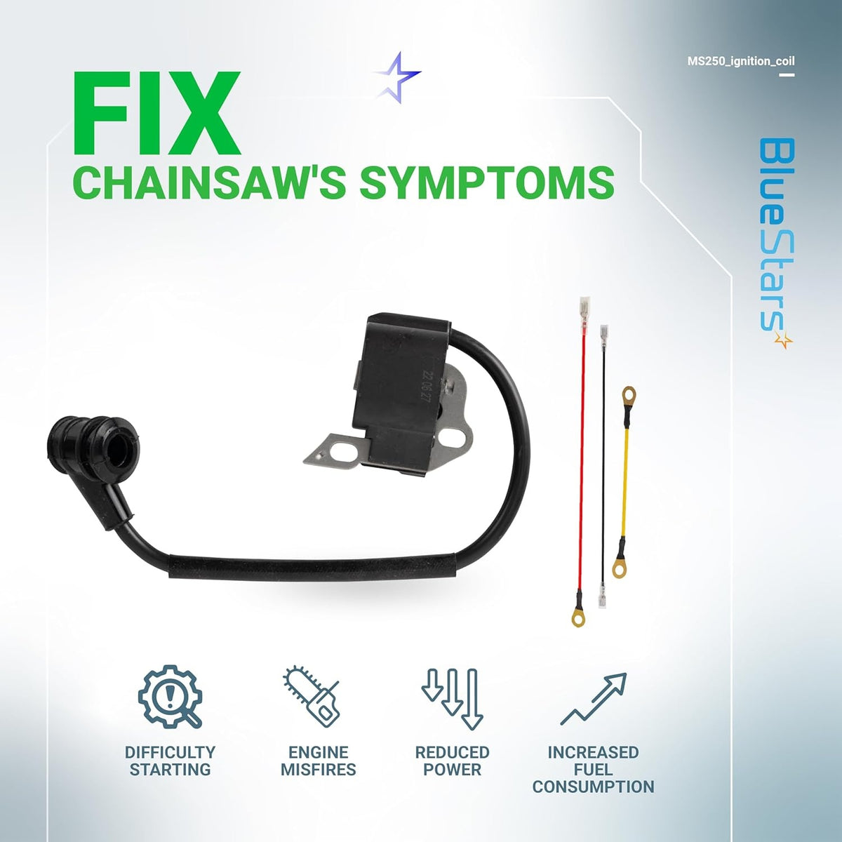 Replacement ignition coil for Stihl MS250, MS210, and MS230 chainsaws with included wiring harness.
