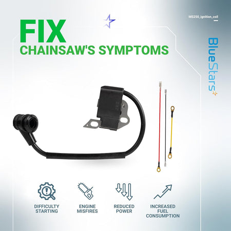 Replacement ignition coil for Stihl MS250, MS210, and MS230 chainsaws with included wiring harness.