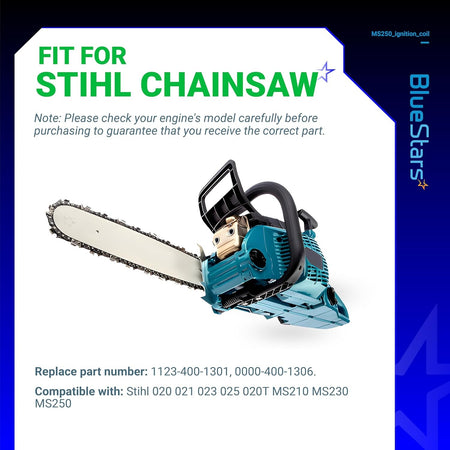Informational graphic showing a Stihl chainsaw compatible with MS250, MS210, and MS230 series ignition coils.
