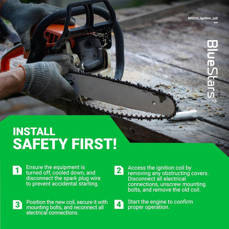 Installation guide for Stihl MS250, MS210, and MS230 chainsaw ignition coil with safety instructions.
