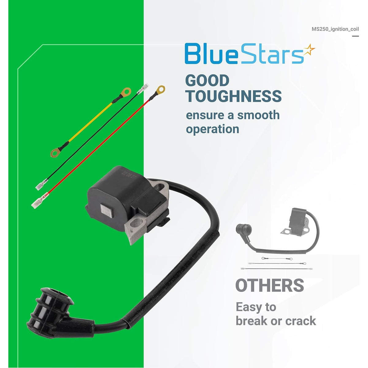 BlueStars ignition coil for Stihl MS250, MS210, and MS230 chainsaws with included wiring leads.