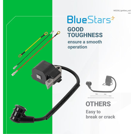 BlueStars ignition coil for Stihl MS250, MS210, and MS230 chainsaws with included wiring leads.