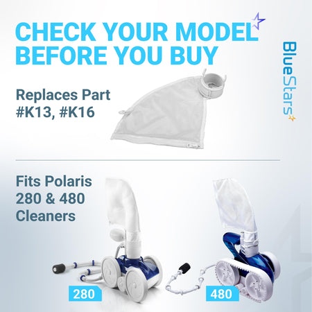 Infographic showing K13 K16 pool cleaner bag compatibility with Polaris 280 and 480 vacuum models.