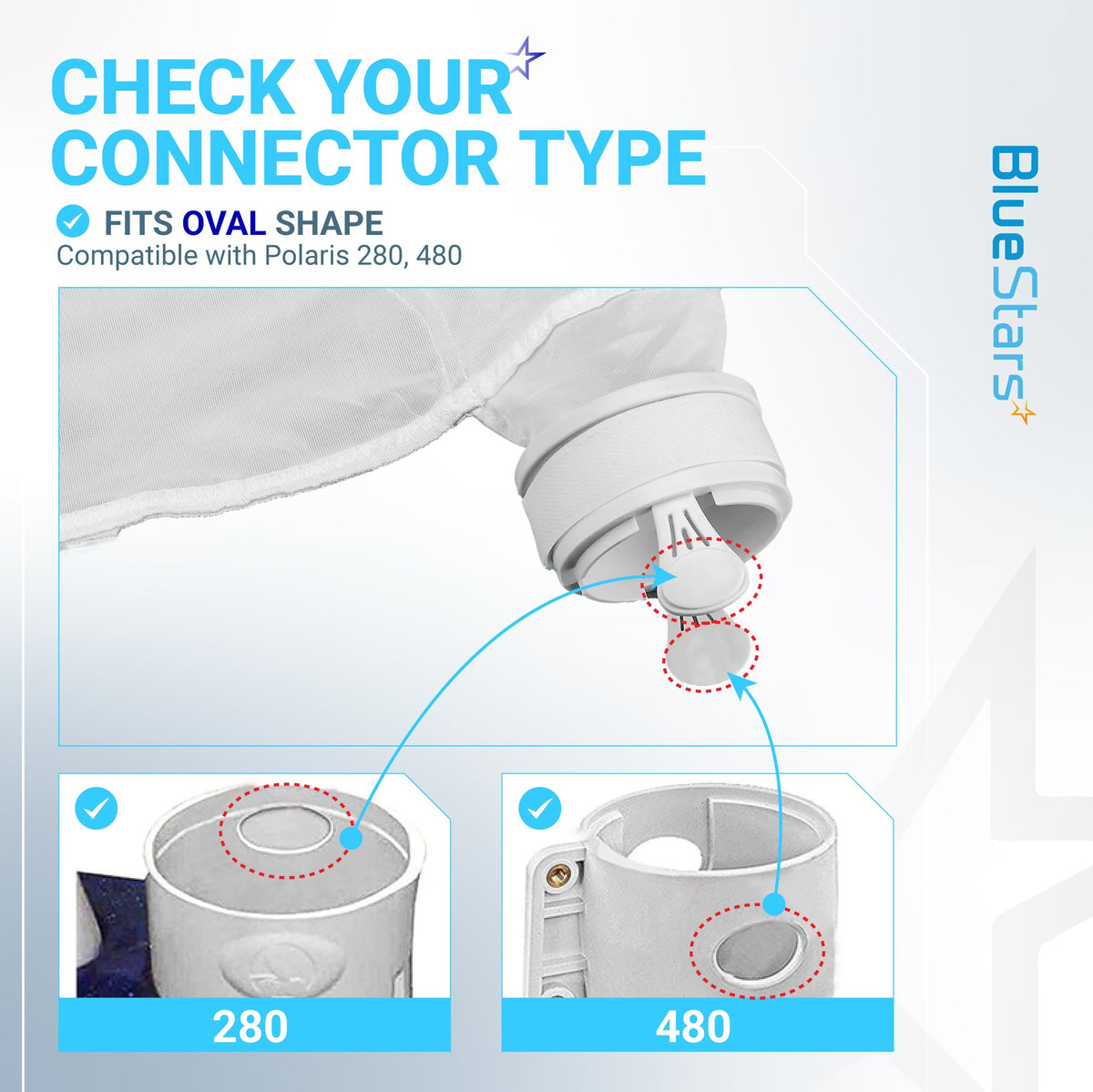 Diagram showing oval connector compatibility for K13 K16 pool cleaner vacuum bag with Polaris 280 and 480 models.