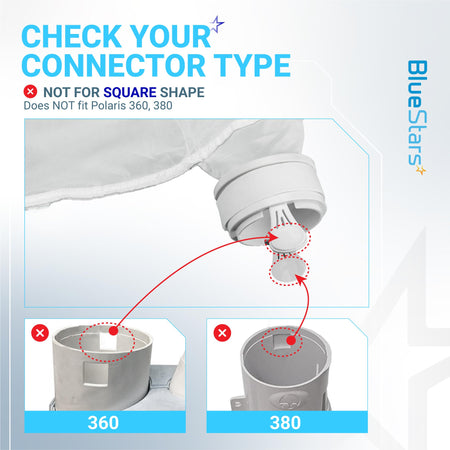 Infographic showing K13 K16 pool cleaner bag connector compatibility, noting it does not fit Polaris 360 or 380 models.