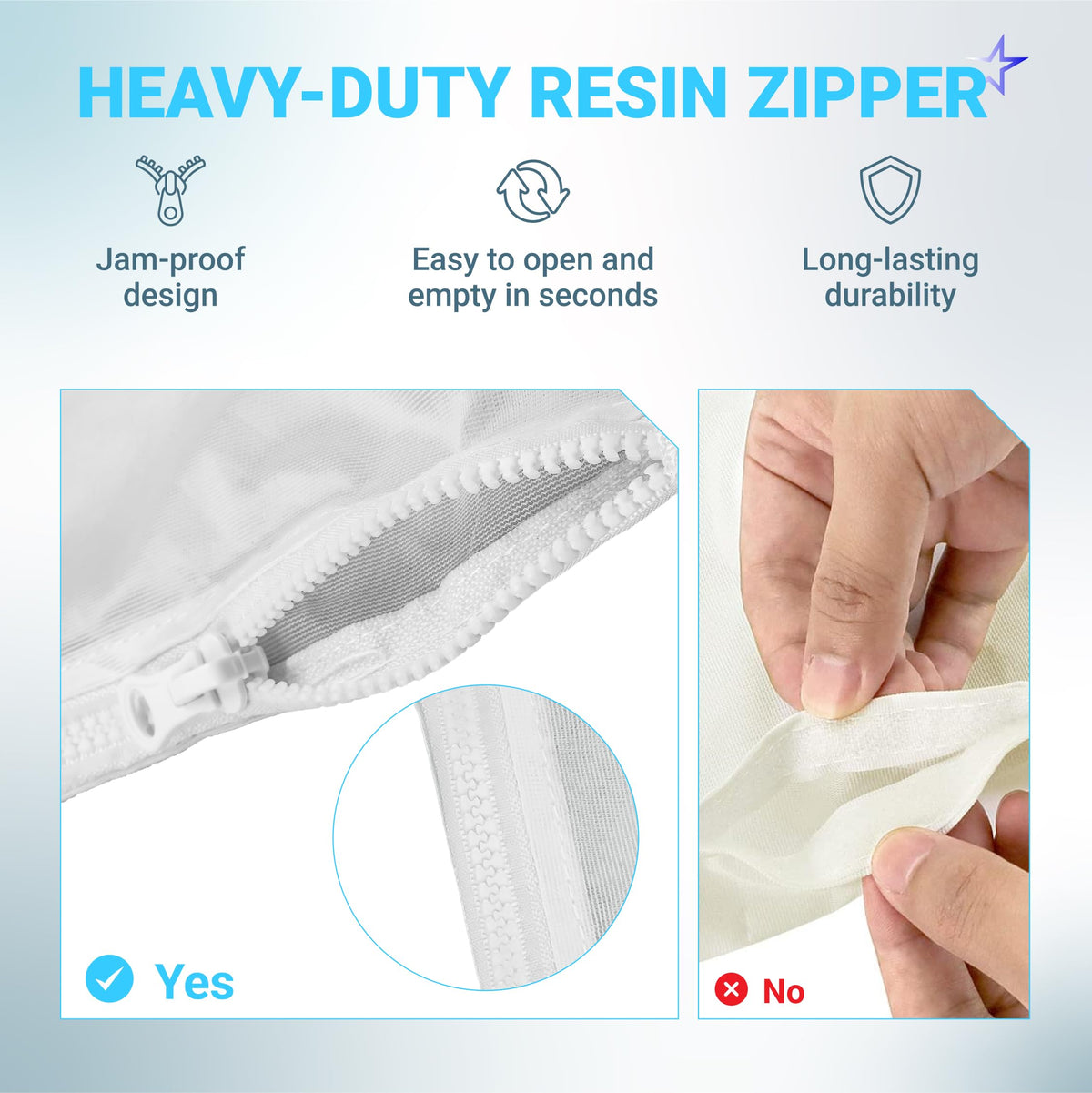 Close-up of heavy-duty resin zipper on K13 K16 pool cleaner replacement bag for Polaris 280 and 480.