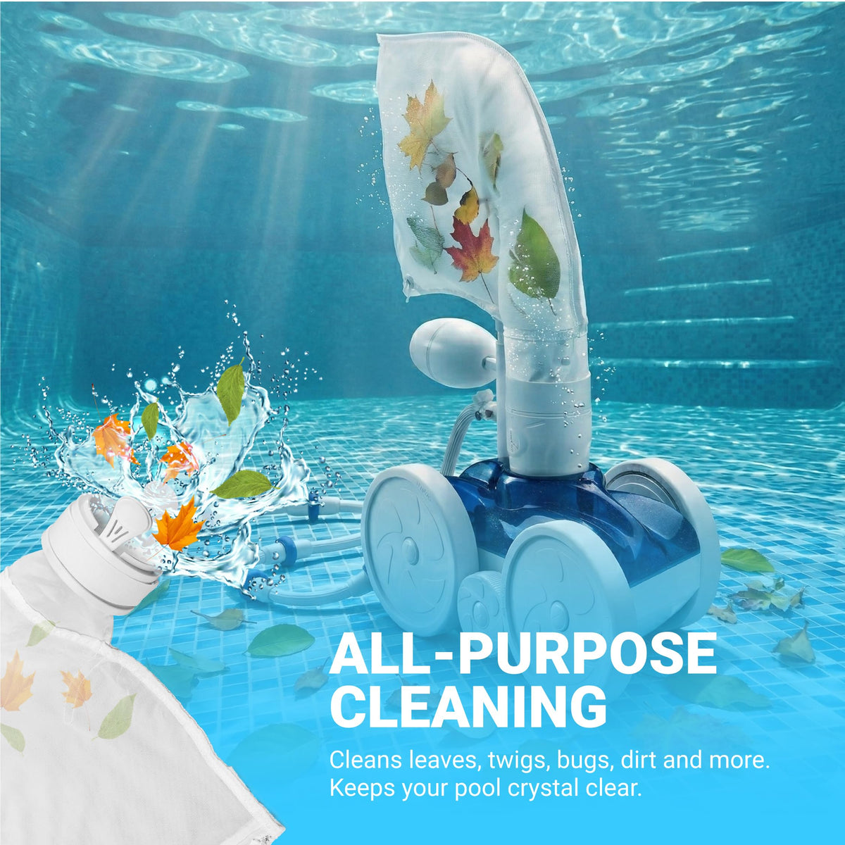 K13 K16 replacement nylon mesh pool cleaner bag attached to a Polaris pool vacuum cleaning leaves underwater.