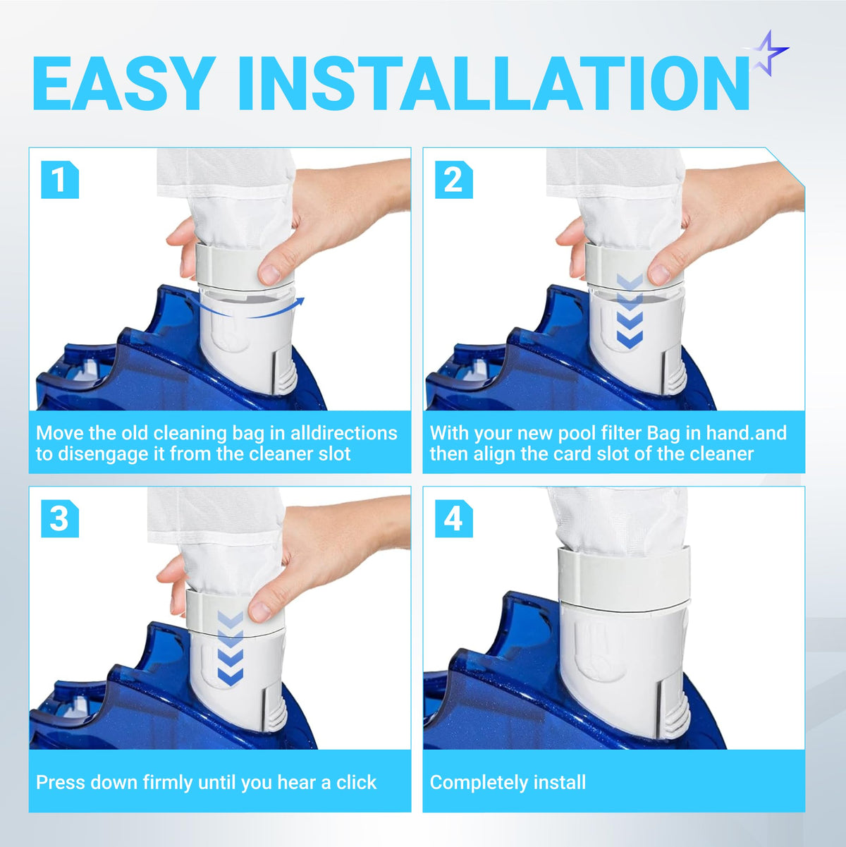 Four-step installation guide for K13 K16 pool cleaner replacement bag on Polaris 280 and 480 vacuum cleaners.