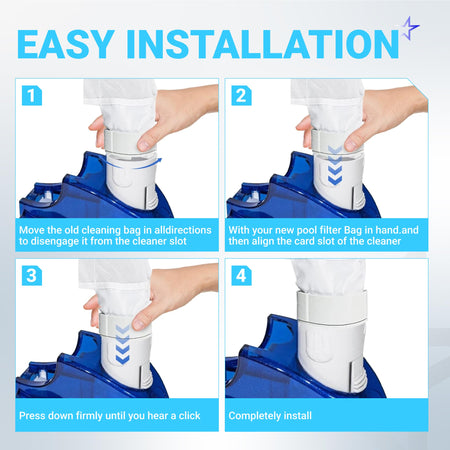 Four-step installation guide for K13 K16 pool cleaner replacement bag on Polaris 280 and 480 vacuum cleaners.