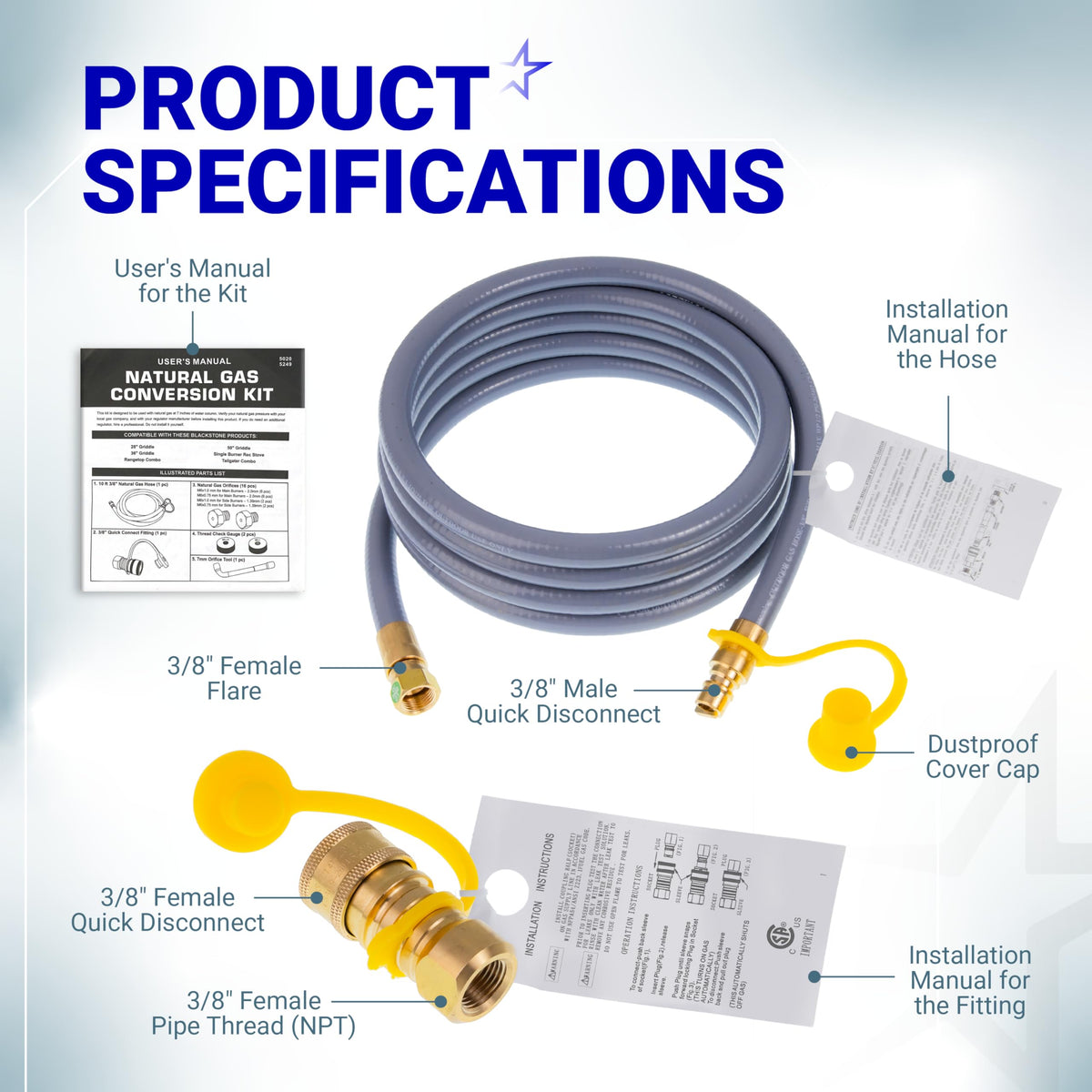 5249 Propane to Natural Gas conversion kit components including gas hose, quick disconnect fittings, and manuals.