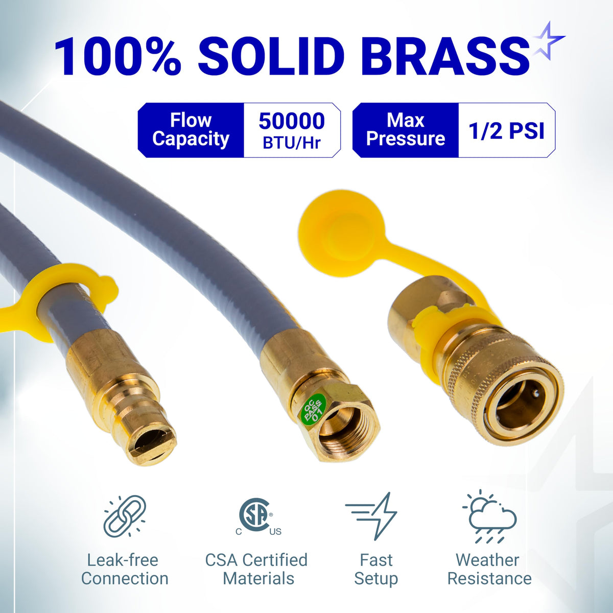 Solid brass natural gas hose and quick-connect fittings for Blackstone 28 and 36-inch griddle conversion.