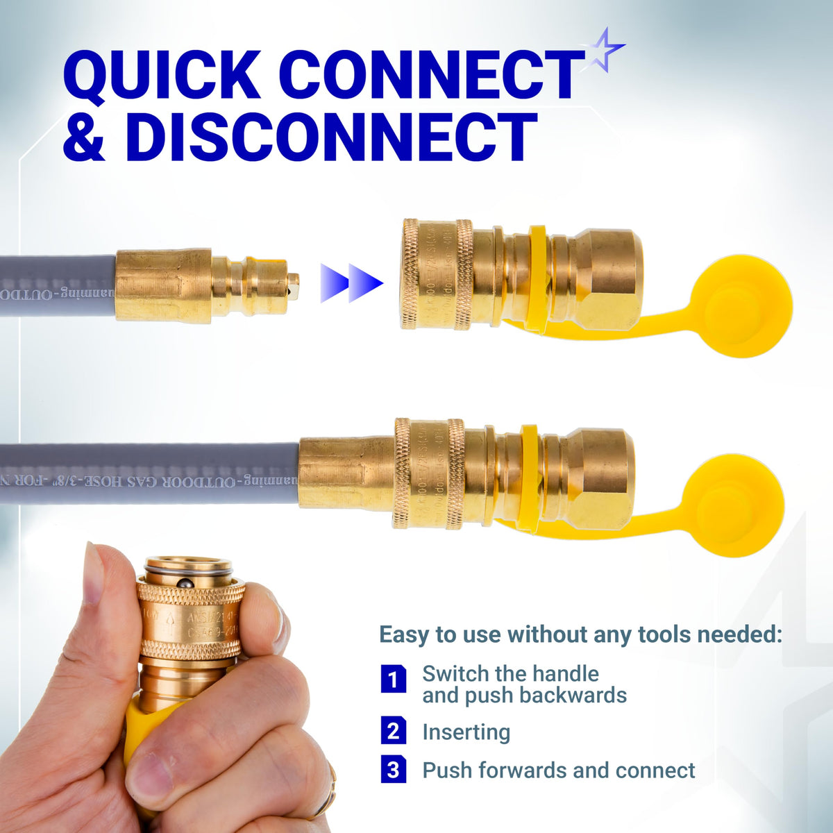 Quick connect and disconnect brass gas hose fitting for Blackstone griddle conversion kit.