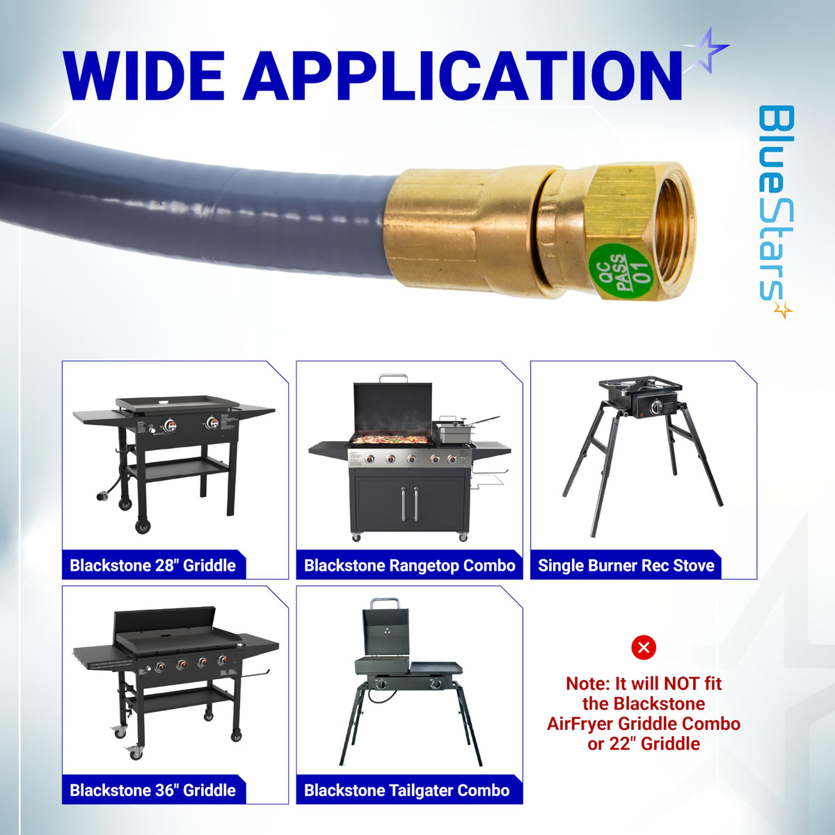 Propane to natural gas conversion kit hose and compatibility chart for Blackstone 28 and 36-inch griddles.