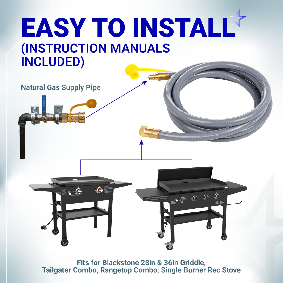 Natural gas hose and supply pipe connection diagram for Blackstone 28-inch and 36-inch griddle conversion.