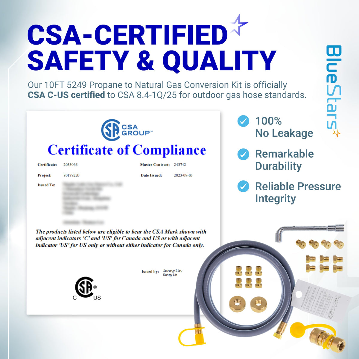 CSA-certified 5249 propane to natural gas conversion kit components for Blackstone griddles with compliance certificate.