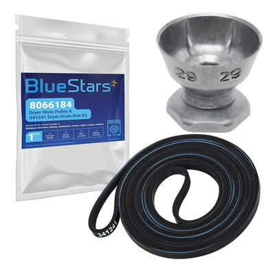 8066184 dryer motor pulley and 341241 drum belt kit with BlueStars packaging for Whirlpool, Maytag, and Kenmore dryers.