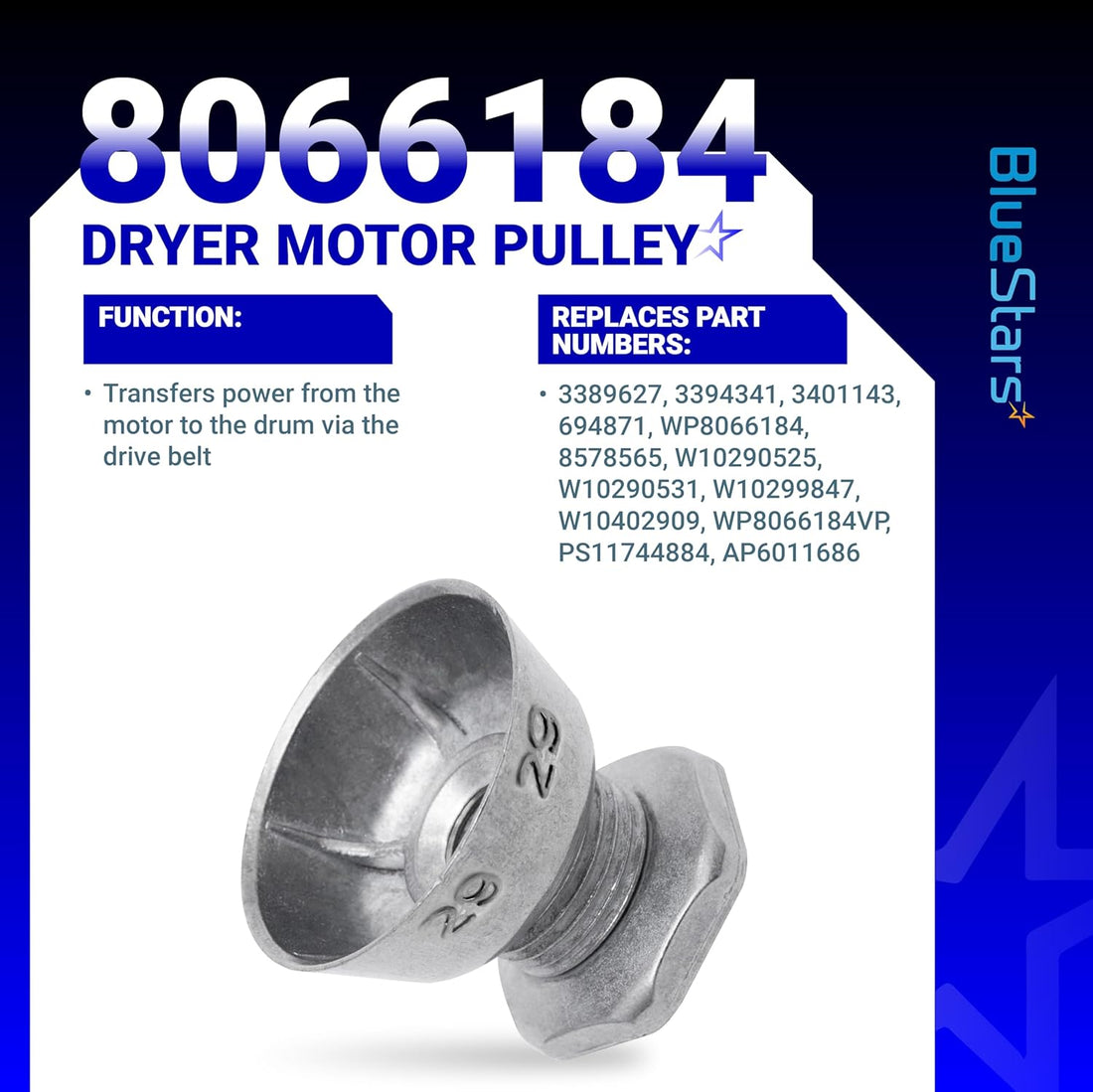 8066184 dryer motor pulley replacement part for Whirlpool, Maytag, and Kenmore dryers.