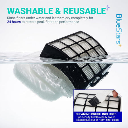 AZ3002 AZ3000 Filter Replacement shown being rinsed in water with included cleaning brush inset