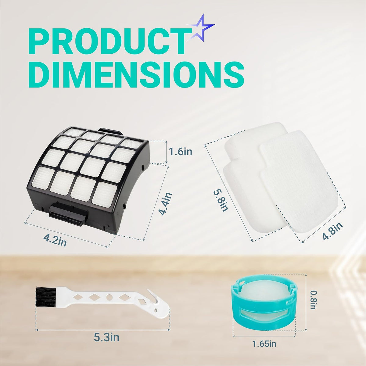AZ3002 AZ3000 Filter Replacement product dimensions diagram showing filter, foam filters, brush, and ring