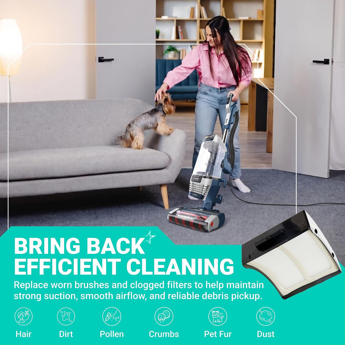AZ3002 AZ3000 Filter Replacement shown with Shark Stratos vacuum, dog, and filter graphic promoting efficient cleaning