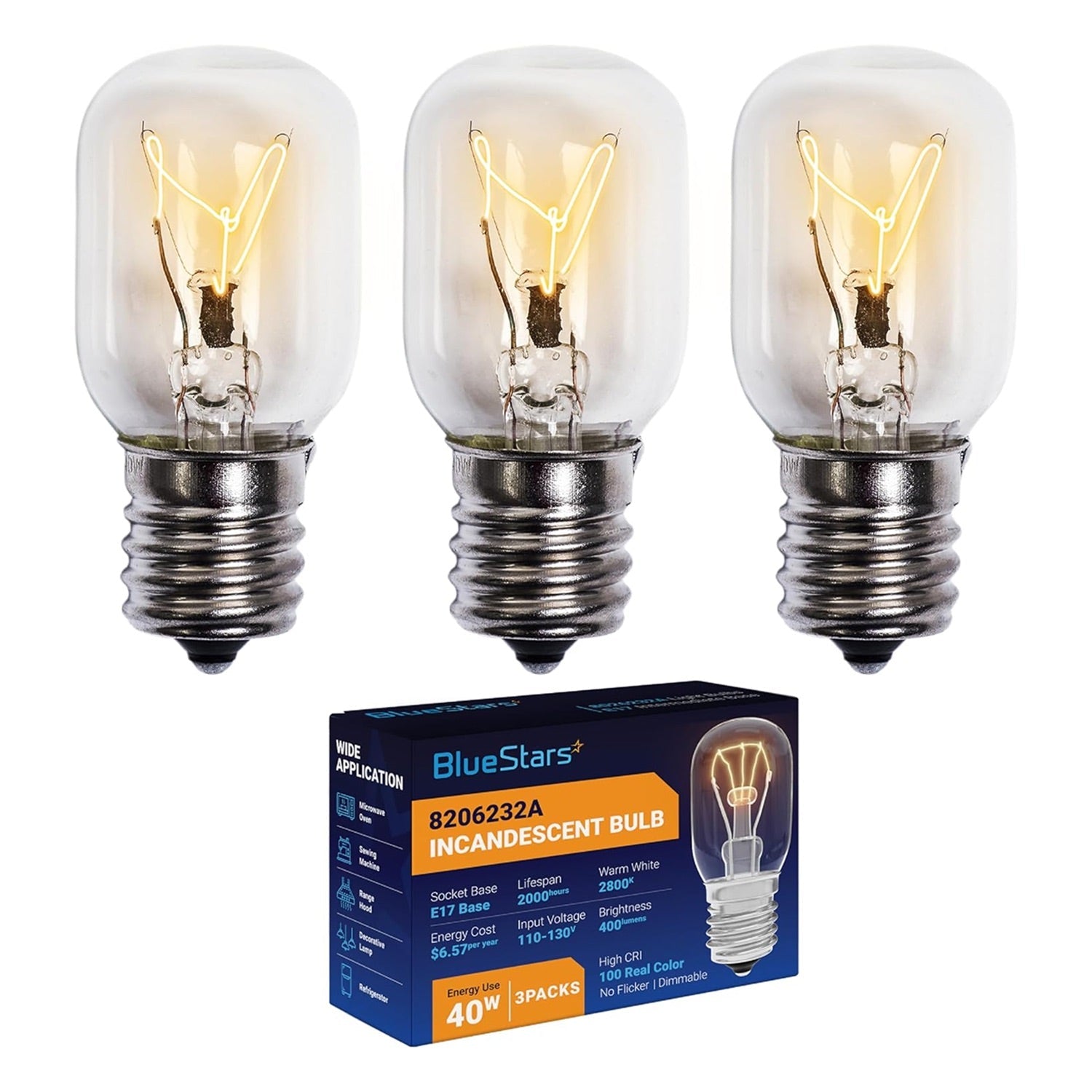 3-Pack 8206232A Microwave Light Bulb 40W 125V E17