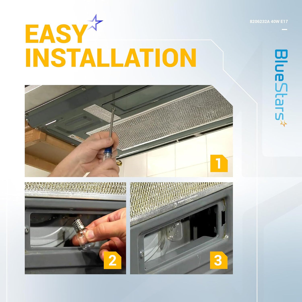 Installation guide showing how to replace a 125V 40W E17 base microwave bulb in a range hood.