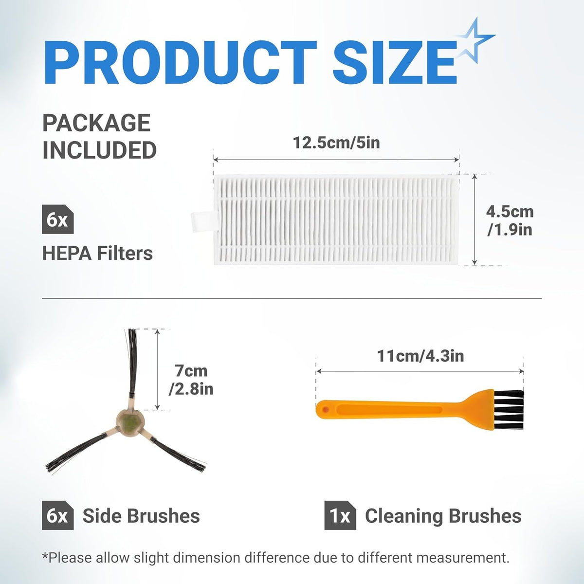 Dimension diagram for OKP and Lefant robot vacuum replacement HEPA filters, side brushes, and cleaning tool.