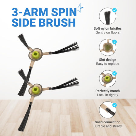 Infographic showing 3-arm side sweep edge brush features for OKP Life and Lefant robot vacuum replacement parts.