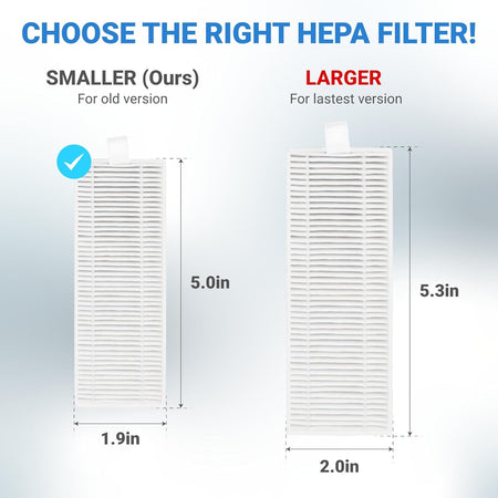 Size comparison chart for OKP and Lefant robot vacuum HEPA filters showing dimensions for old and new versions.