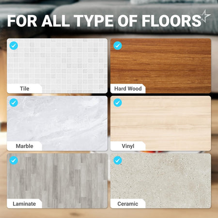 OKP Life and Lefant robot vacuum replacement parts compatibility chart for tile, wood, marble, vinyl, laminate, and ceramic.