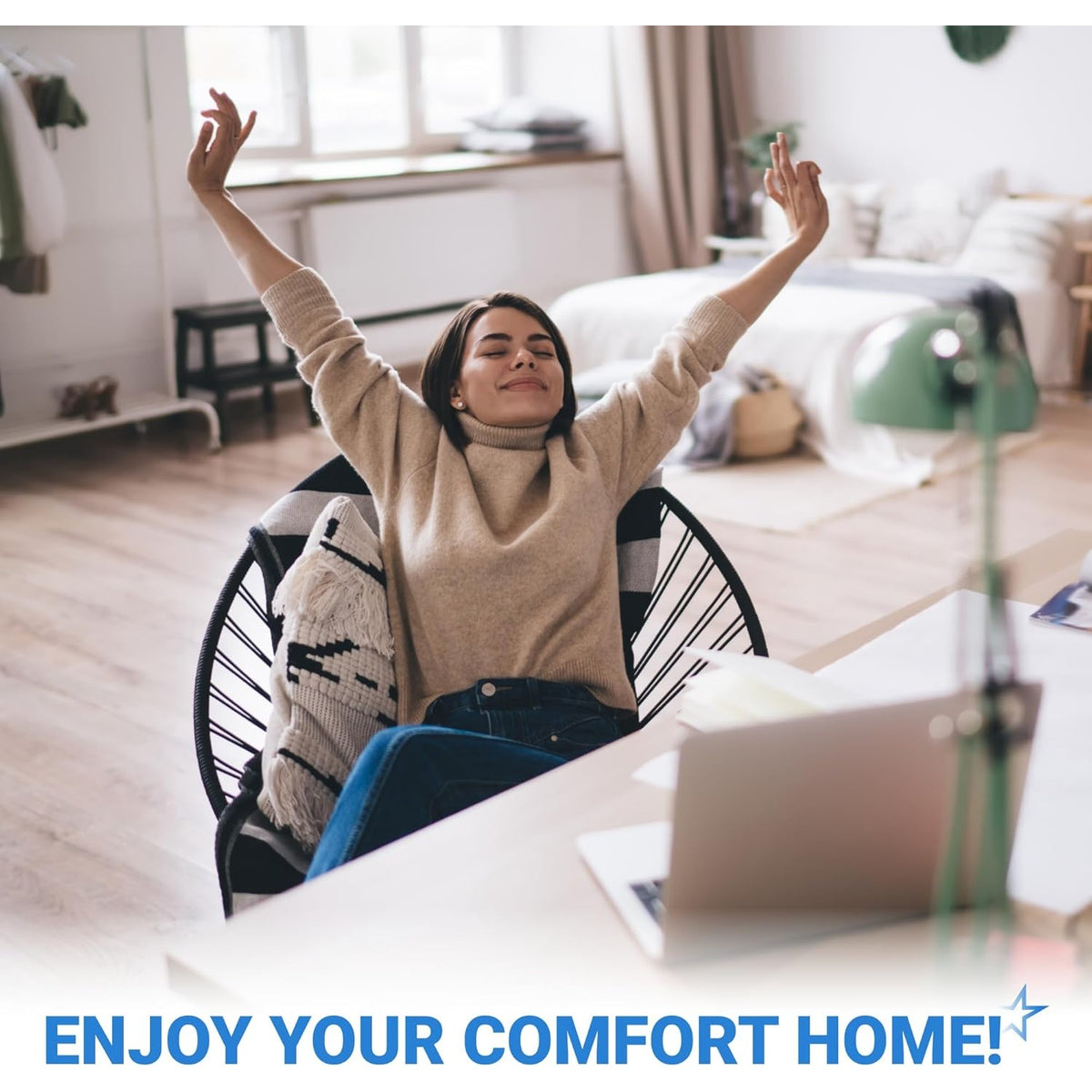 Woman relaxing at home, representing the clean environment maintained by OKP Life and Lefant robot vacuum parts.